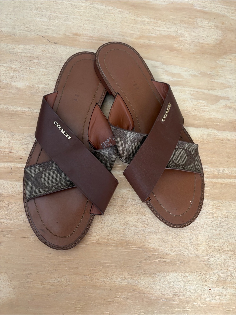Coach Brown Leather & Signature Canvas Crossband Slide Sandals